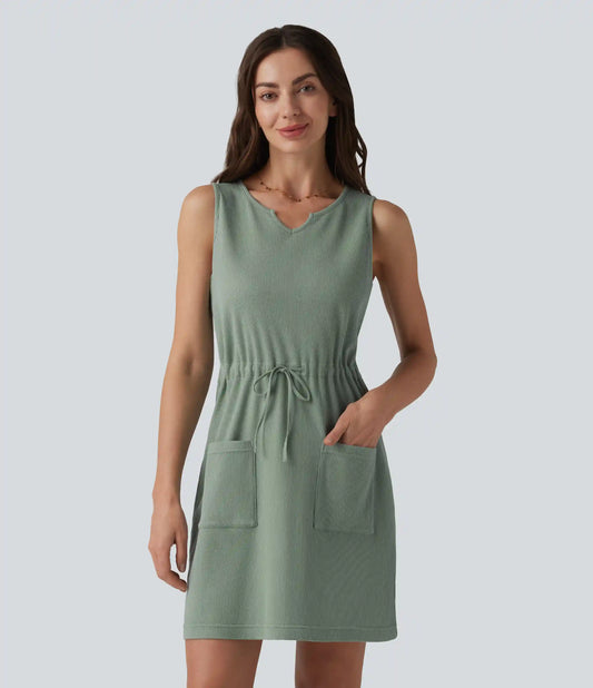 Notched Sleeveless Drawstring Waffle Mini Dress with Pockets