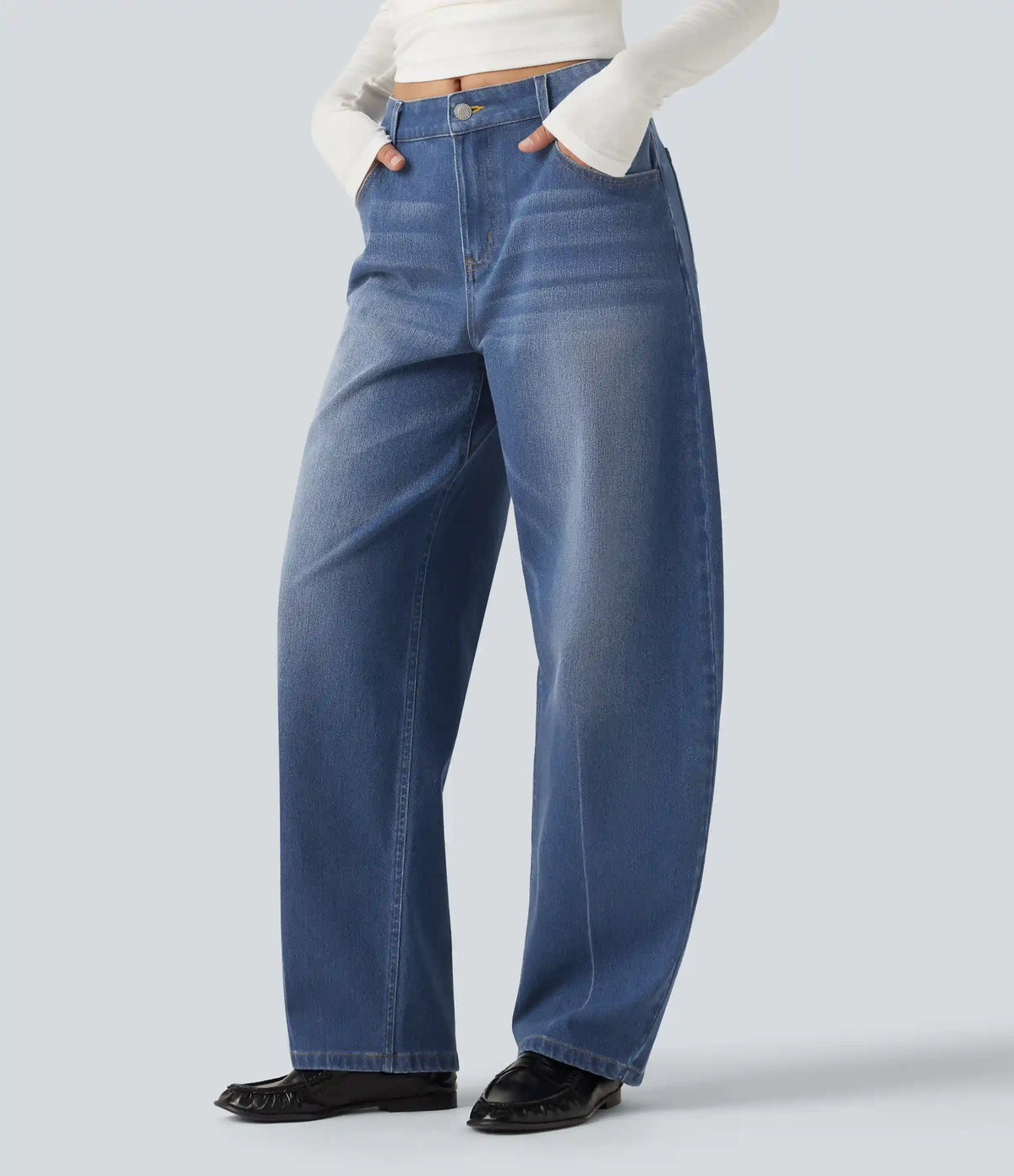 Halara Flex™ Mid Rise Barrel Leg Washed Casual Jeans with Pockets