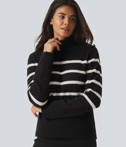 High Neck Long Sleeve Stripe Work Sweater