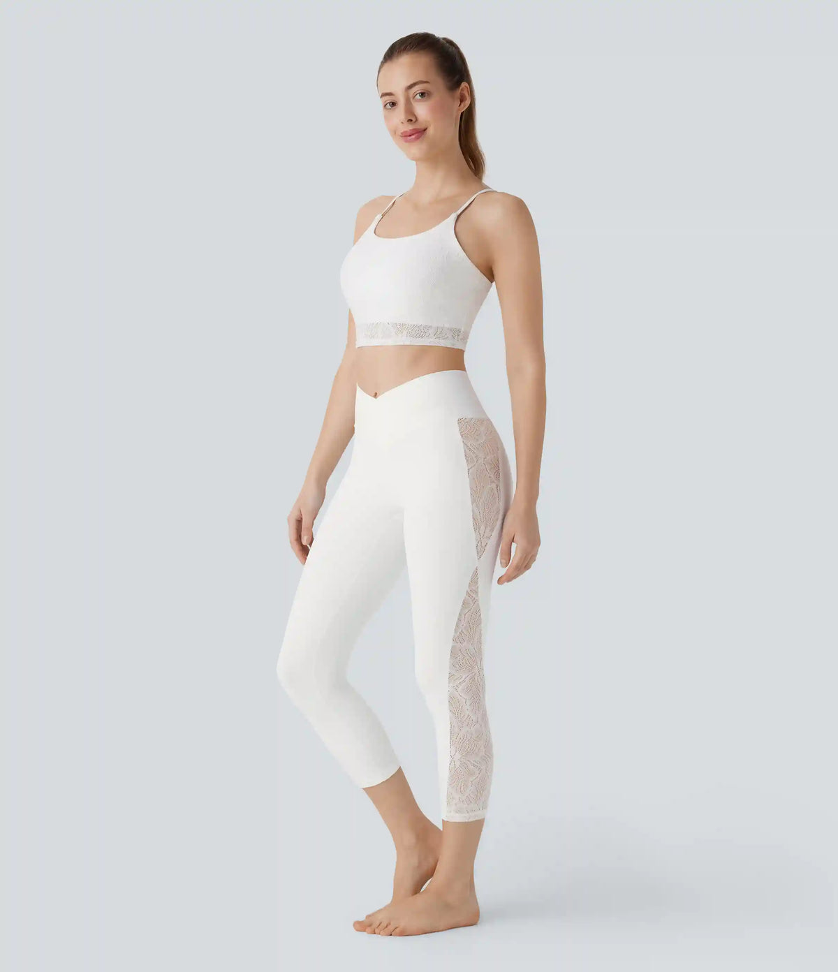 SoftlyZero™ High Waisted Crossover Contrast Lace Capri Yoga Leggings