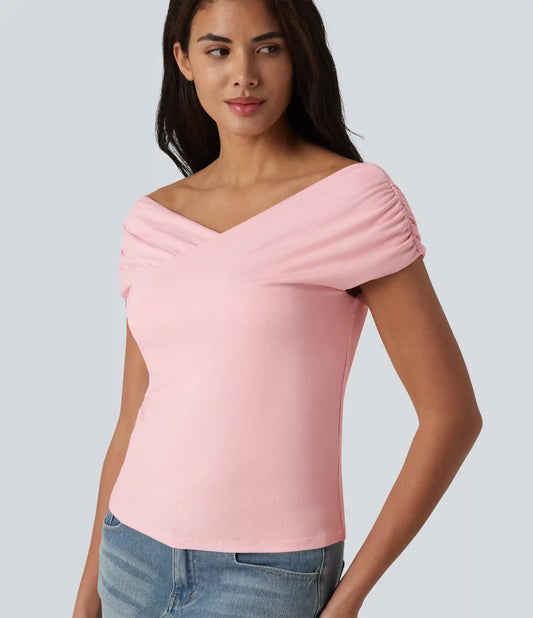 Ribbed Knit Built-in Bra Short Sleeve Casual T-Shirt