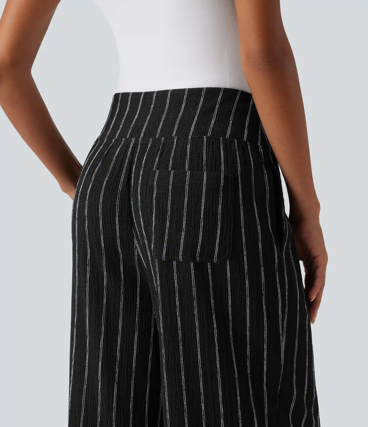 High Waisted Curved Hem Stripe Casual Pants with Pockets