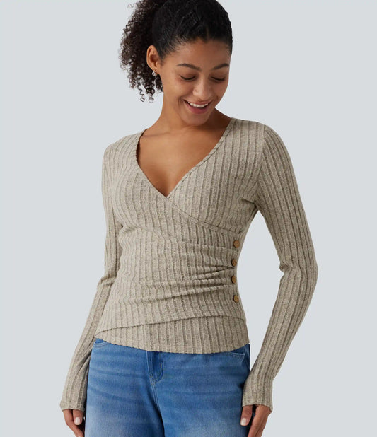 Ribbed Knit V Neck Long Sleeve Asymmetric Crossover Ruched Casual Slim Top