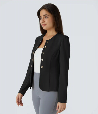Round Neck Long Sleeve Decorative Button Slim Work Blazer