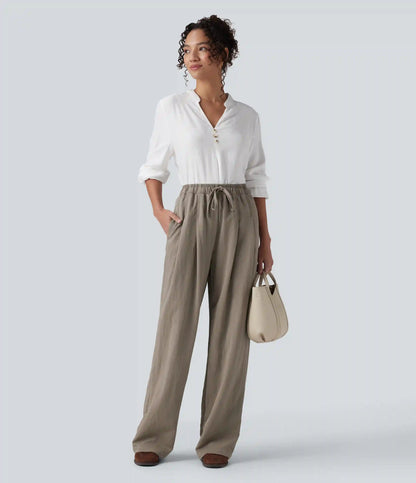 High Waisted Drawstring Straight Leg Work Pants with Pockets