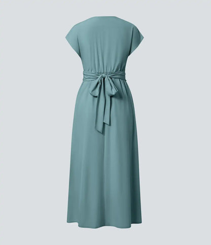 Breezeful™ V Neck Short Sleeve Pocket Tie Back Quick Dry Midi Casual Dress-Longer Length