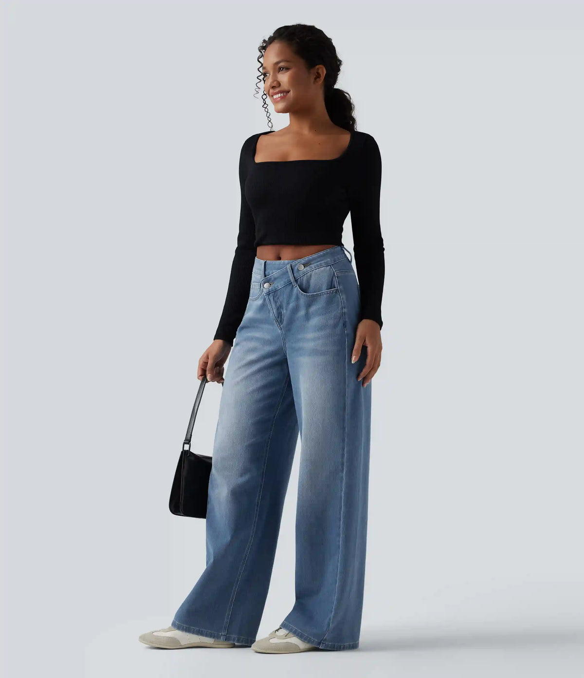 Halara Flex™ Asymmetric High Waisted Washed Casual Baggy Jeans with Pockets