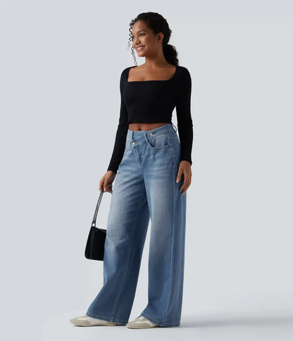 Halara Flex™ Asymmetric High Waisted Washed Casual Baggy Jeans with Pockets