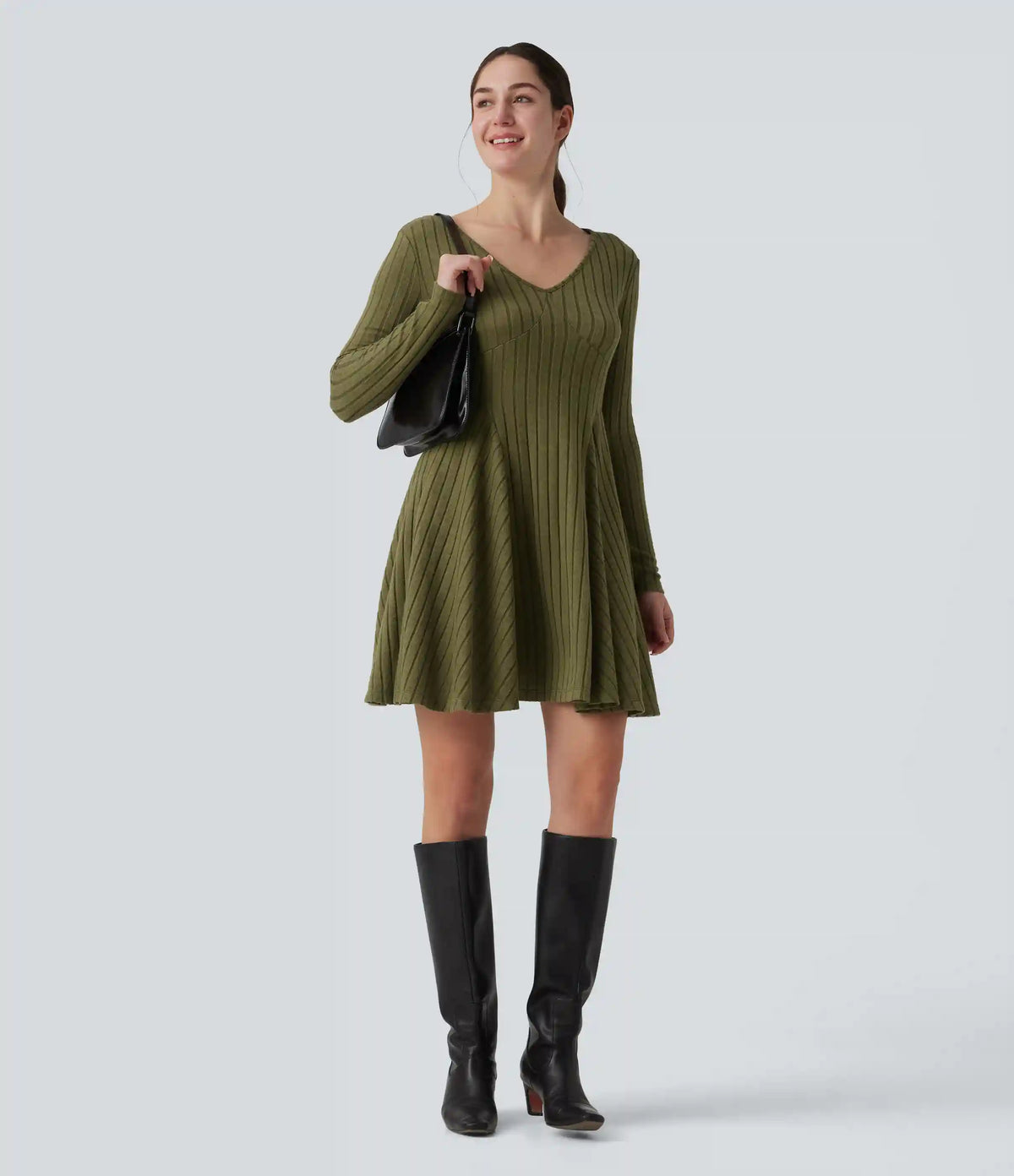 Ribbed Knit V Neck Long Sleeve Flare Mini Casual Dress
