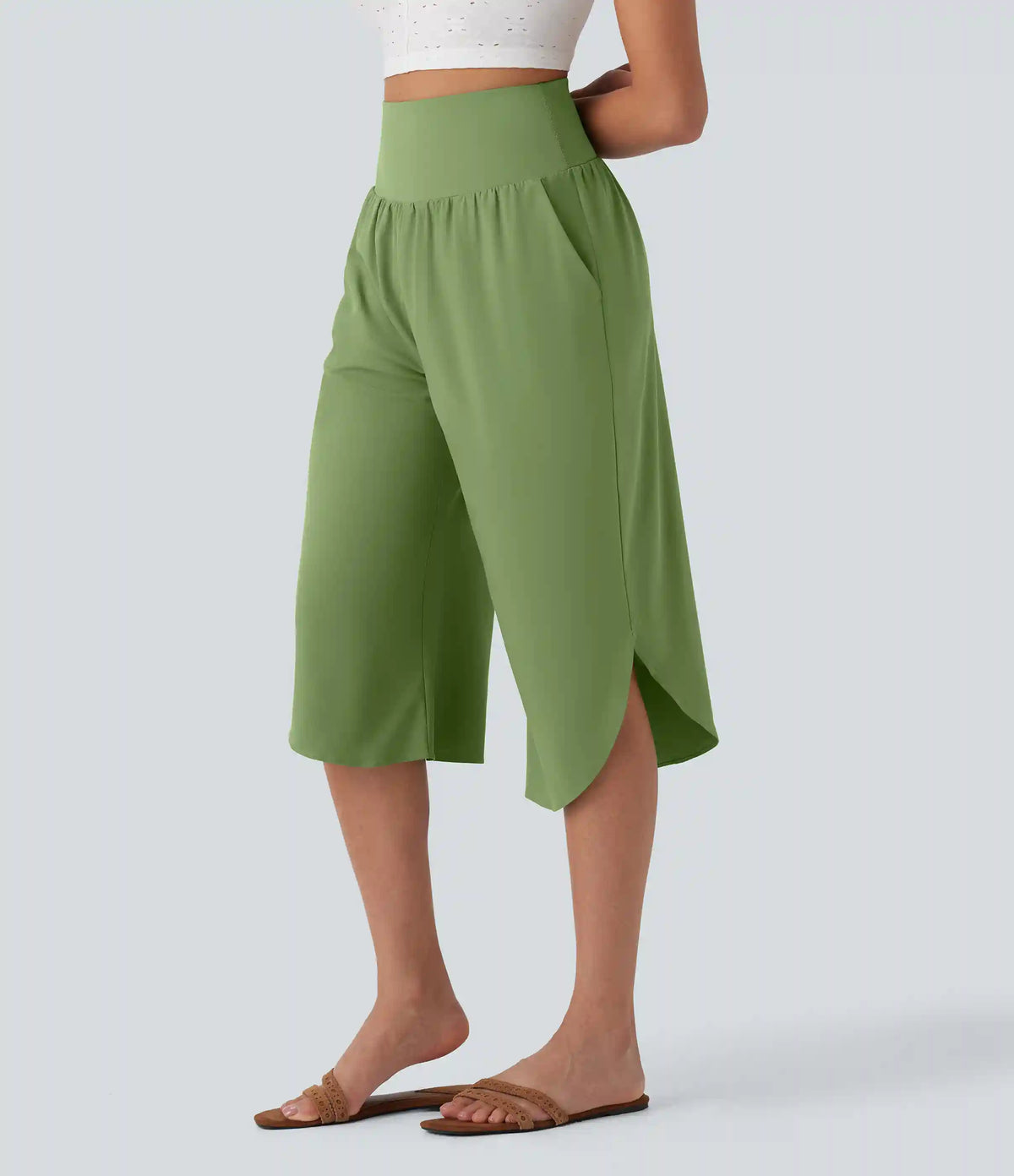 Breezeful™ High Waisted Tummy Control Hem Quick Dry Capri Pants with Pockets