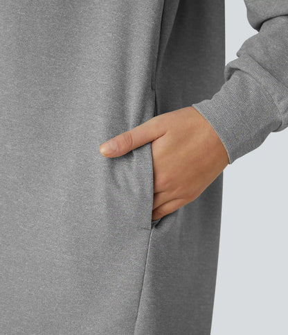 Drawstring Hooded Long Sleeve Pocket High Low Curved Hem Oversize Mini Waffle Casual Sweatshirt Dress