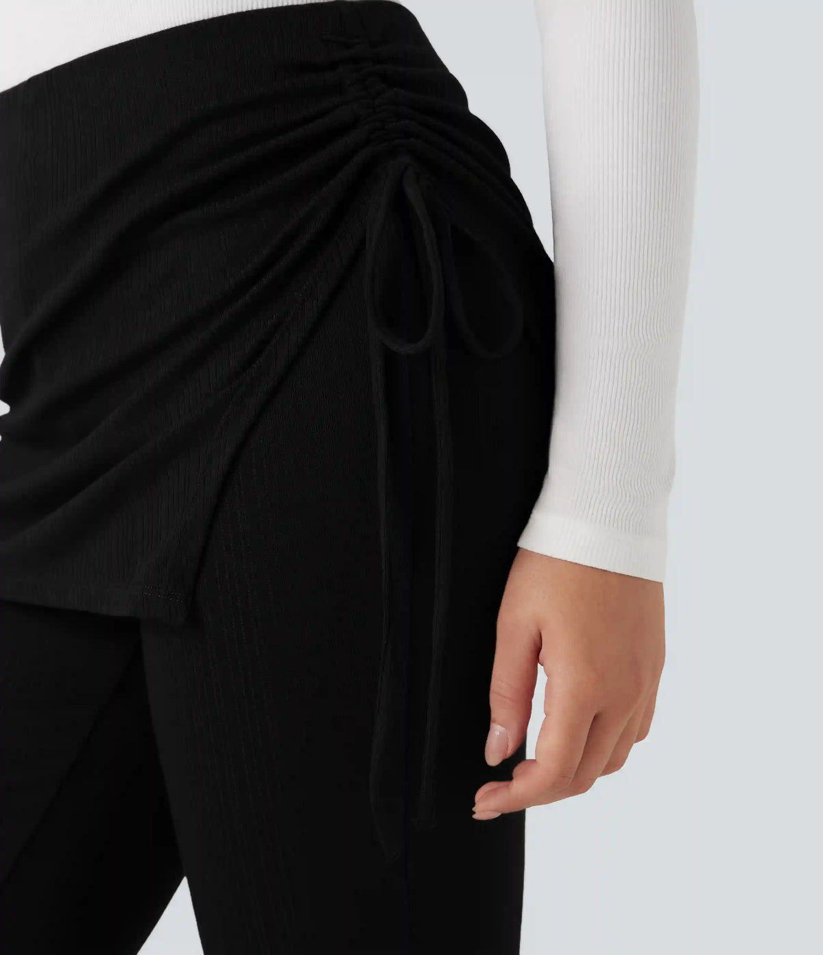 Ribbed Knit Mid Rise Ruched Drawstring 2-in-1 Casual Flare Pants