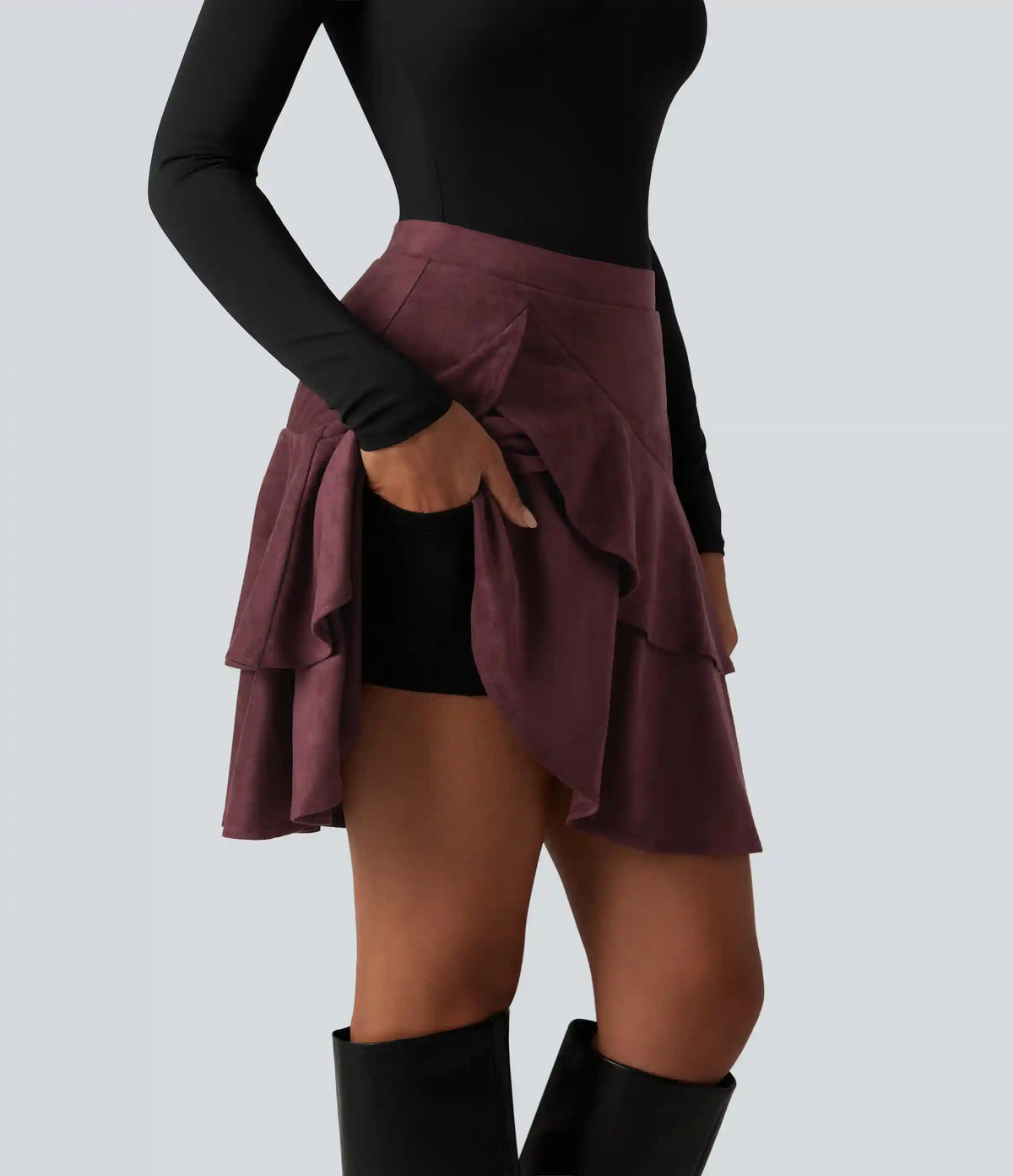 High Waisted Tiered Ruffle Hem 2-in-1 Longer Mini Suede Casual Skirt with Pocket