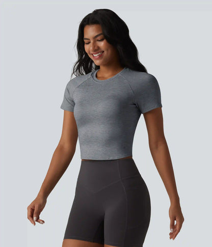 Round Neck Short Sleeve Built-in Bra Yoga Sports Top