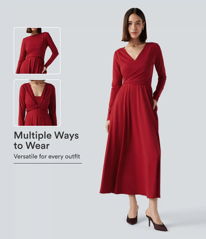 Long Sleeve Wrapped Tie Back 2-Piece Midi Dress with Pockets
