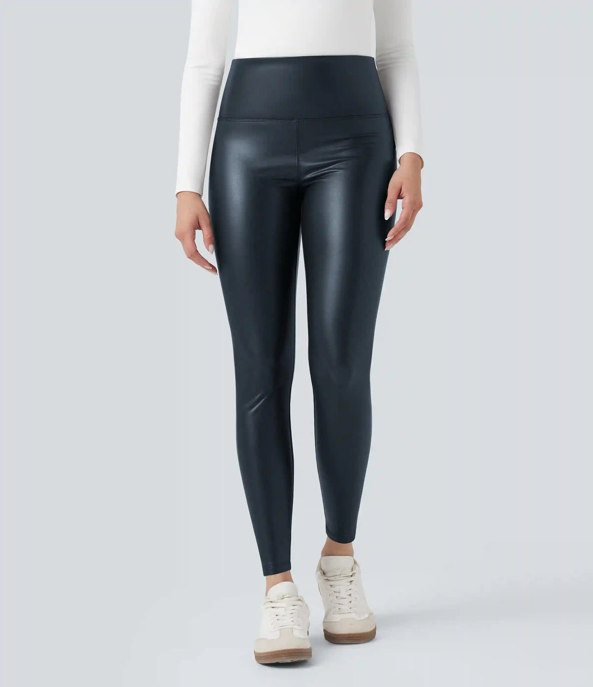 High Waisted Tummy Control Stretchy PU Fleece 7/8 Skinny Casual Leggings with Pockets