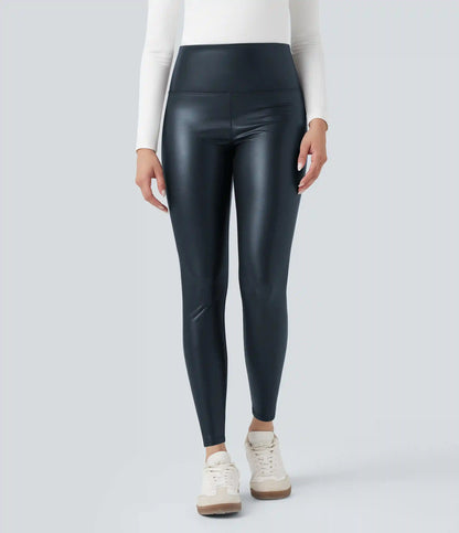 High Waisted Tummy Control Stretchy PU Fleece 7/8 Skinny Casual Leggings with Pockets