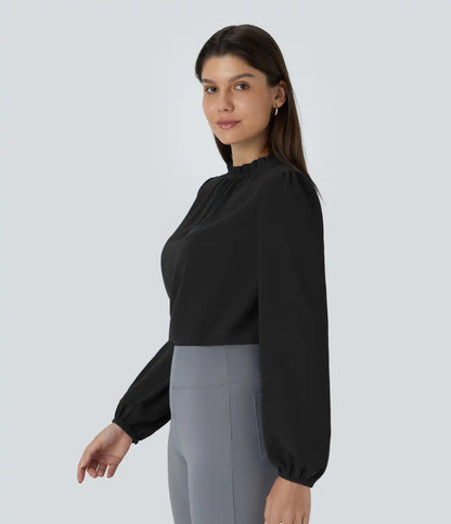 Frill Round Neck Keyhole Back Long Sleeve Work Blouse