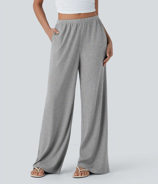 High Stretch Ribbed Low Rise Drawstring Wide Leg Flowy Casual Pants with Pockets