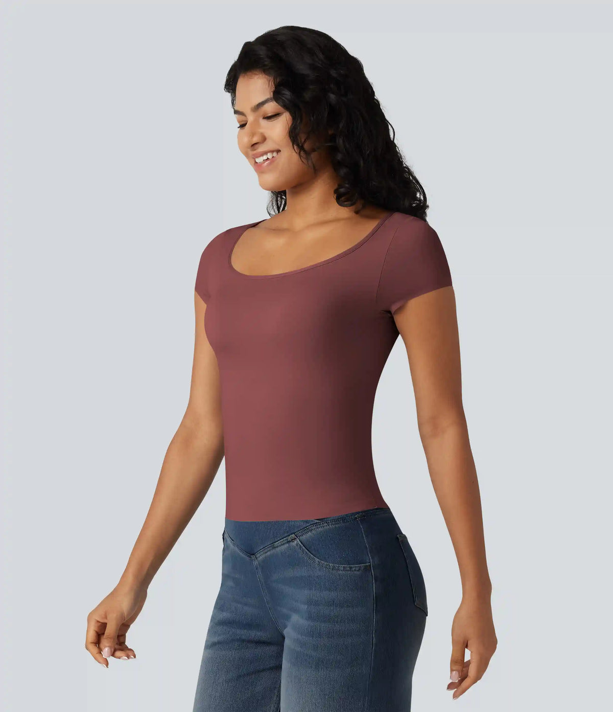 High Stretch Square Neck Built-in Bra Short Sleeve Casual T-Shirt B-DD Cups