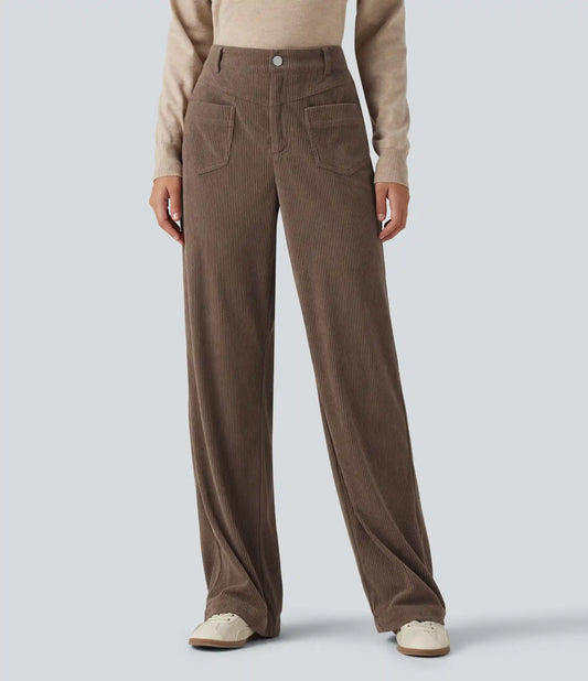 Mid Rise Straight Leg Corduroy Casual Pants with Pockets