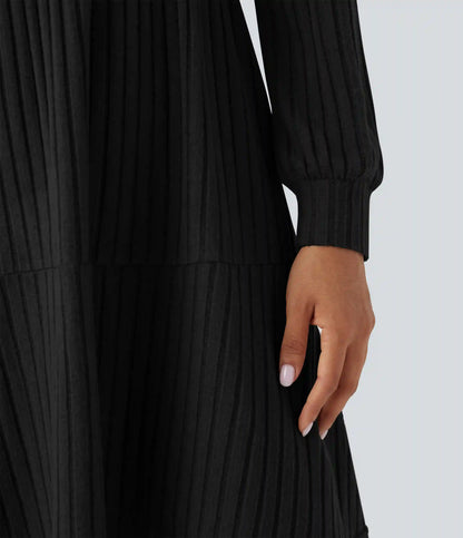 Ribbed Knit Square Neck Puff Long Sleeve Casual Dress with Pockets