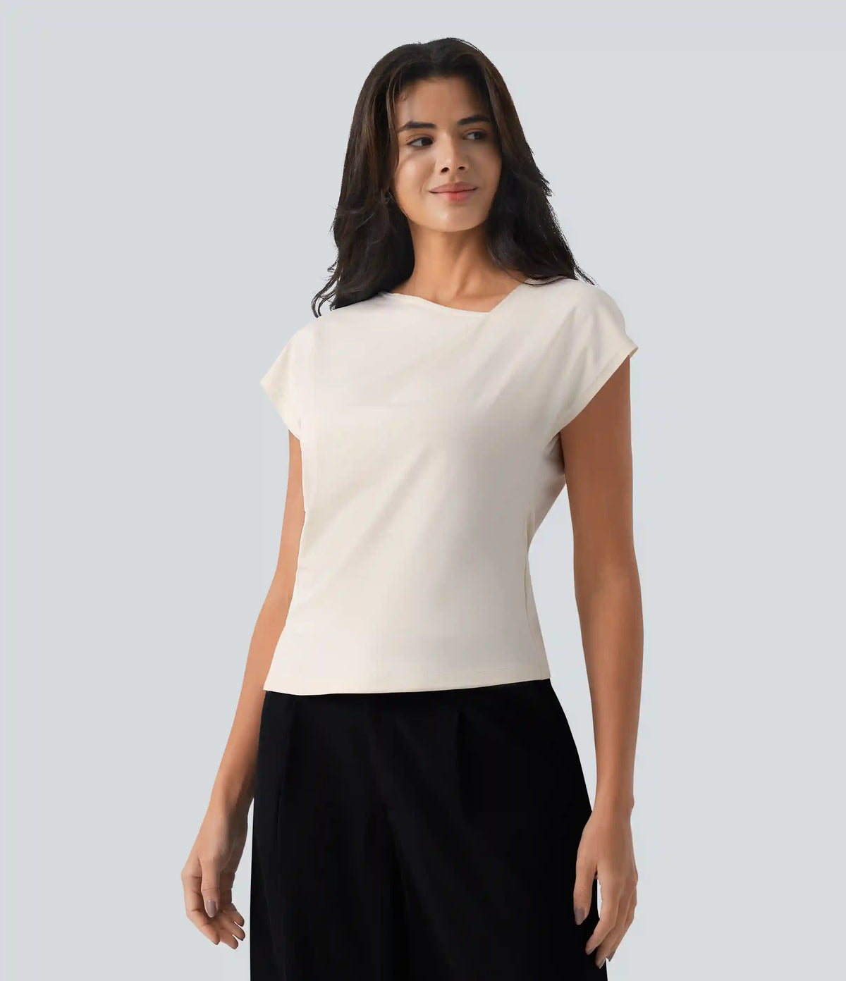 Asymmetric Cowl Neck Short Sleeve Ruched Split Hem Work Blouse