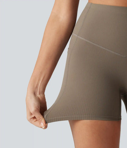 Halara UltraSculpt™ Ribbed High Waisted Tummy Control Yoga Biker Shorts 5'' with Pockets