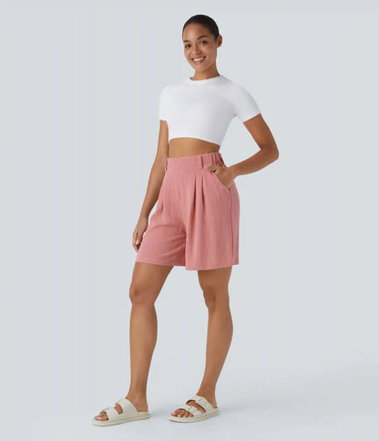 High Waisted Pocket Wide Leg Casual Linen-Feel Bermuda Shorts