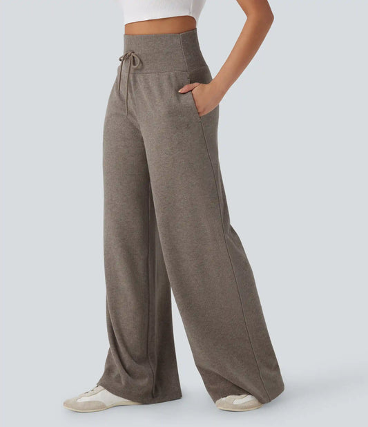Ribbed Knit High Waisted Tummy Control Drawstring Casual Wide Leg Baggy Pants with Pockets
