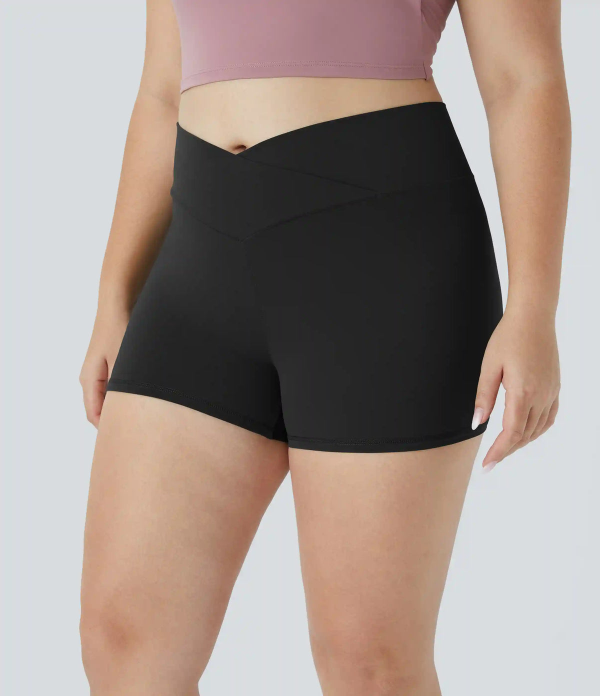 SoftlyZero™ High Waisted Crossover Plain Yoga Plus Size Biker Shorts 3''