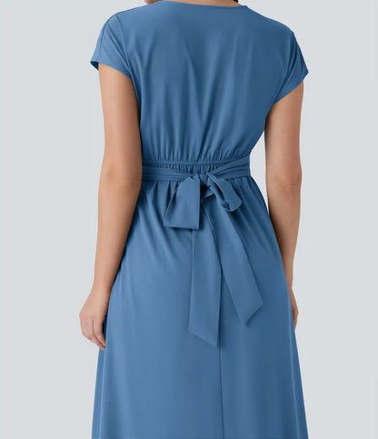 Breezeful™ V Neck Short Sleeve Pocket Tie Back Quick Dry Midi Casual Dress
