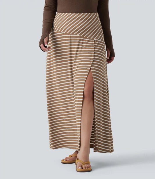 Plus Size Ribbed Knit High Waisted Split Stripe Maxi Casual Skirt with Pocket