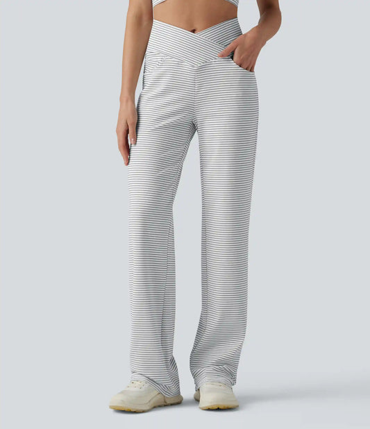 High Waisted Crossover Tummy Control Straight Leg Stripe Yoga Pants with Pockets