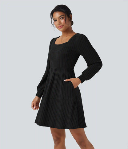 Ribbed Knit Square Neck Puff Long Sleeve Casual Dress with Pockets