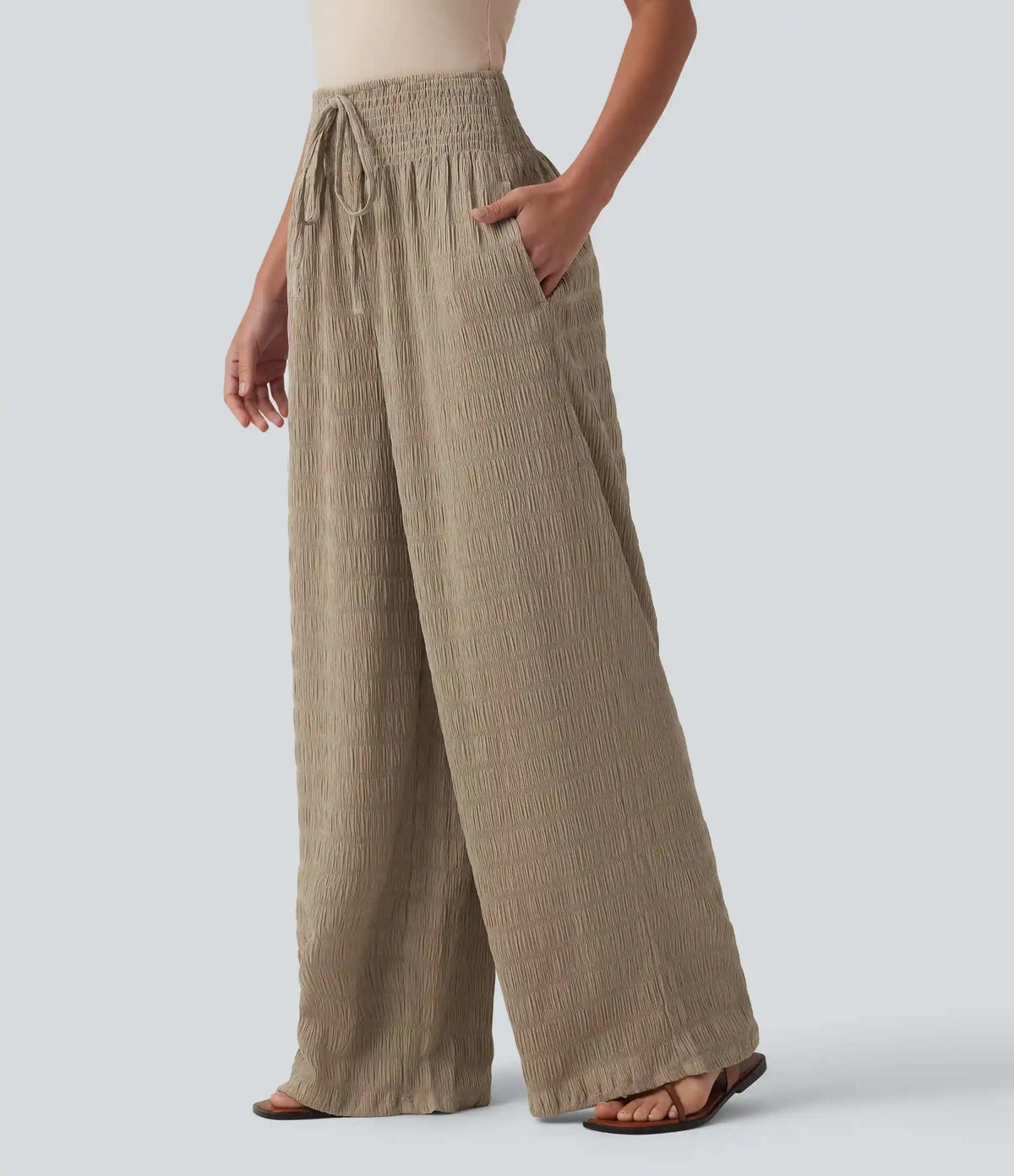 Mid Rise Drawstring Texture Resort Baggy Pants with Pockets