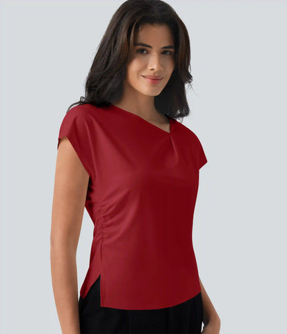 Asymmetric Cowl Neck Short Sleeve Ruched Split Hem Work Blouse