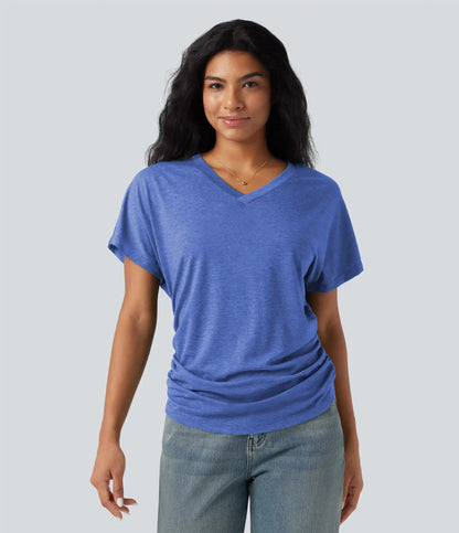 V-neck Short Sleeve Ruched Relaxed Casual Top