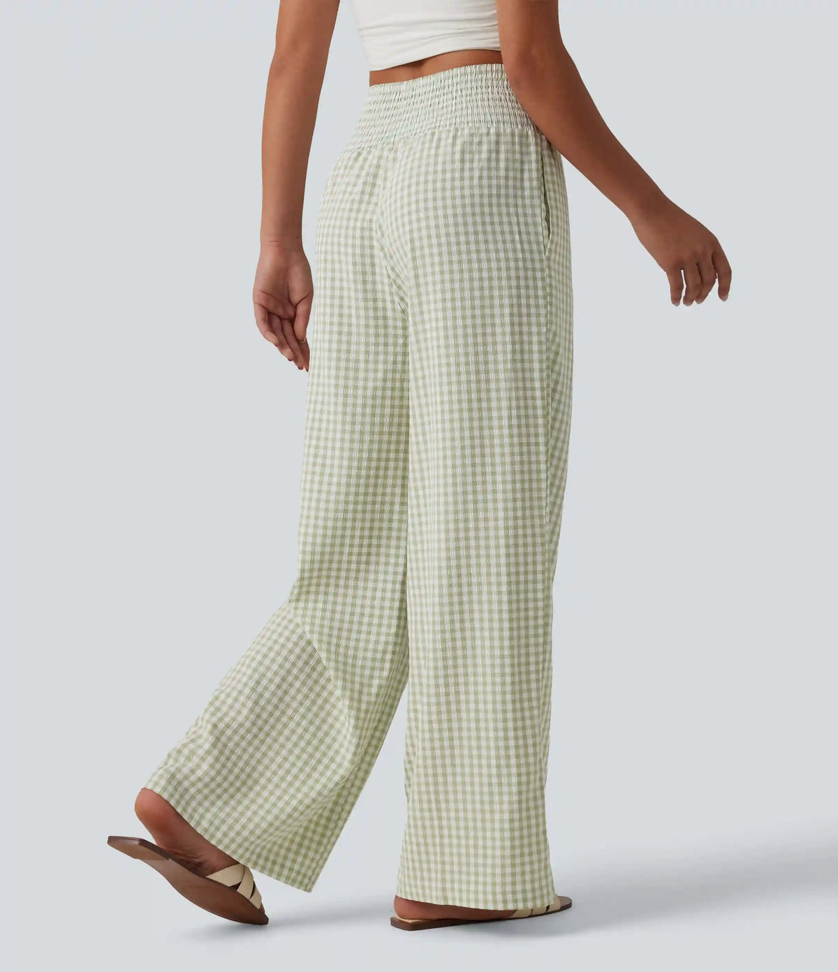 High Waisted Shirred Gingham Casual Baggy Pants with Pockets