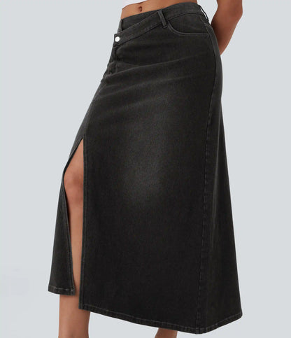 Halara Flex™ Asymmetric Mid Rise Denim Maxi Casual Skirt with Pockets