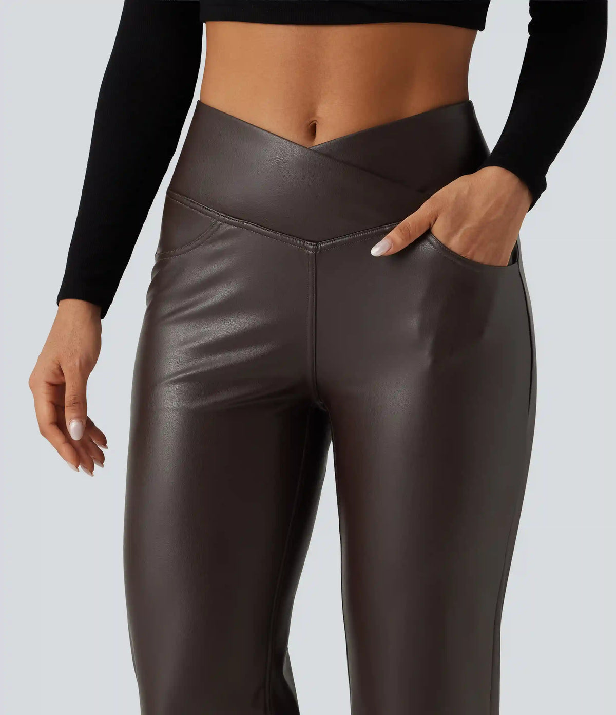 High Waisted Crossover Tummy Control Straight Leg Stretchy PU Fleece Casual Pants with Pockets