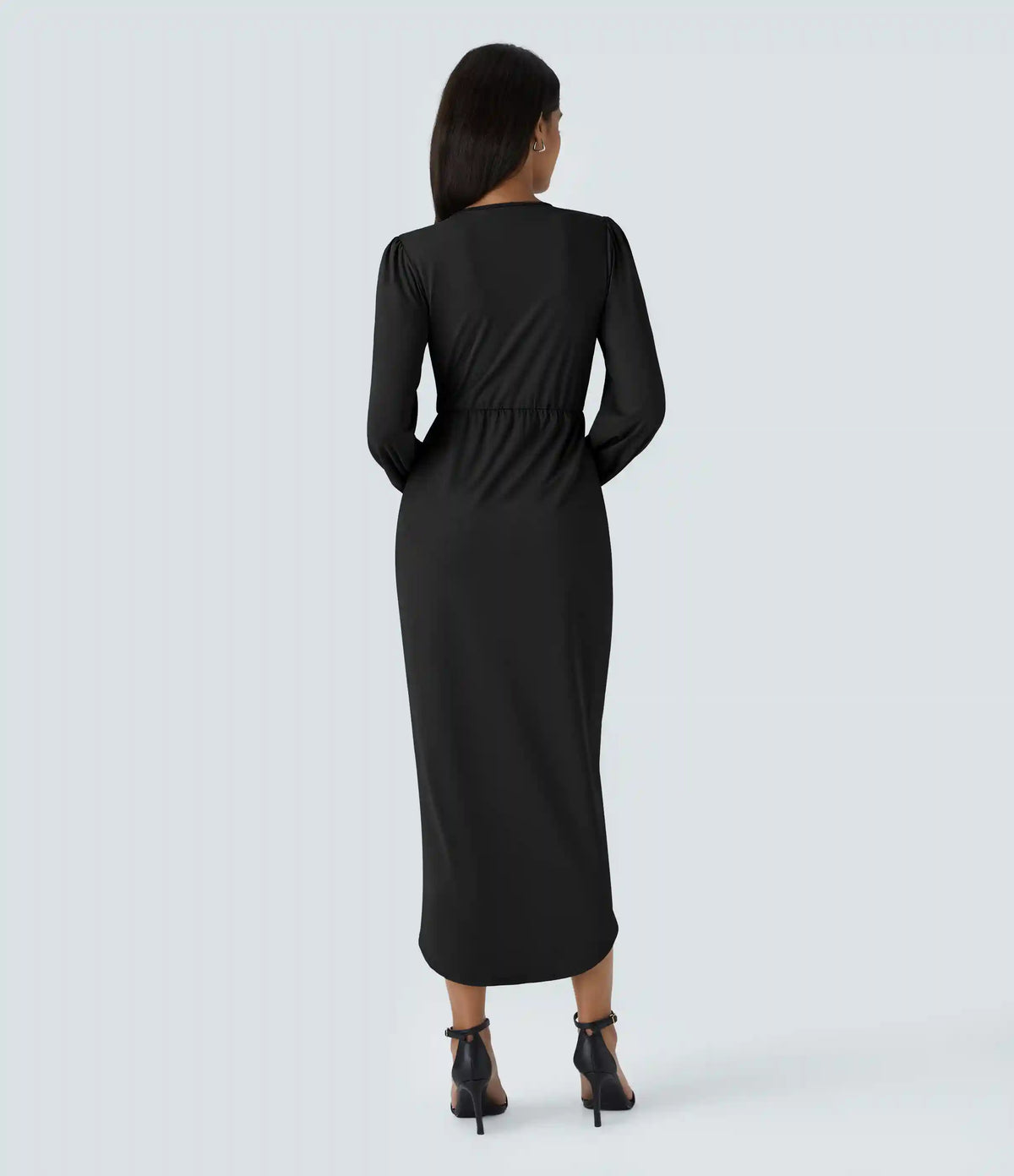 V Neck Long Sleeve Tulip Hem Midi Dress
