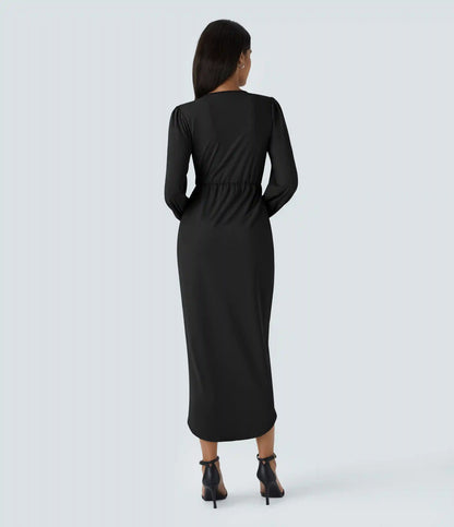 V Neck Long Sleeve Tulip Hem Midi Dress