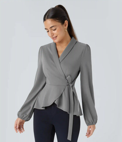 Shawl Collar Wrapped Tie Side Ruffle Hem Work Blouse