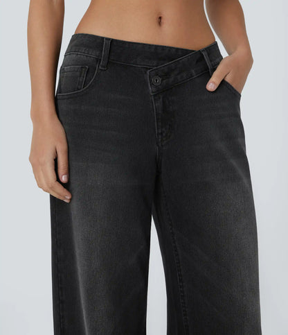 Halara Flex™ Asymmetric Low Rise Zipper Pockets Baggy Wide Leg Washed Casual Jeans