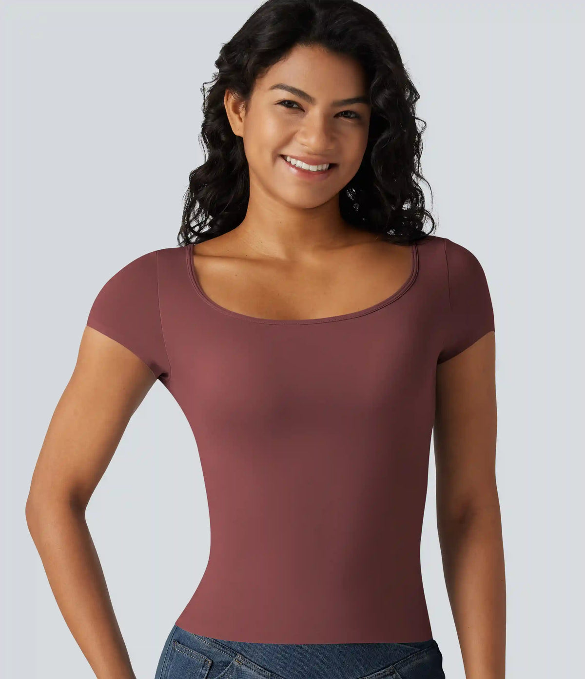 High Stretch Square Neck Built-in Bra Short Sleeve Casual T-Shirt B-DD Cups