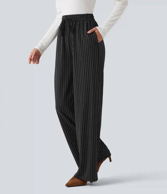 High Waisted Drawstring Stripe Baggy Casual Pants with Pockets