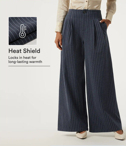 High Waisted Wide Leg Stripe Fleece Work Pants with Pockets