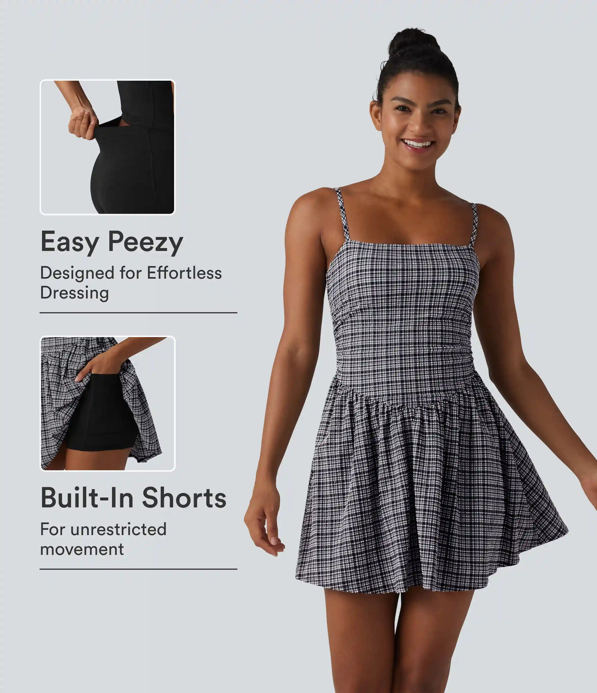 Adjustable Straps 2-in-1 Built-in Bra A-line Mini Plaid Crinkle Quick Dry Tennis Active Slip Dress with Pockets-Easy Peezy