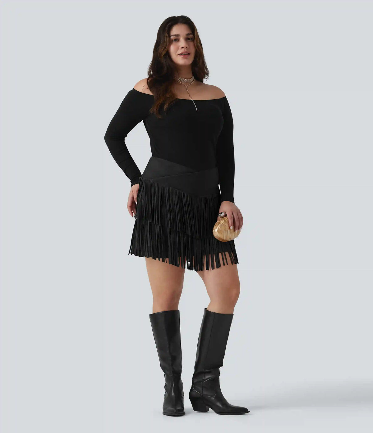 Plus Size High Waisted Crossover 2-in-1 Fringe Bodycon Suede Mini Party Skirt